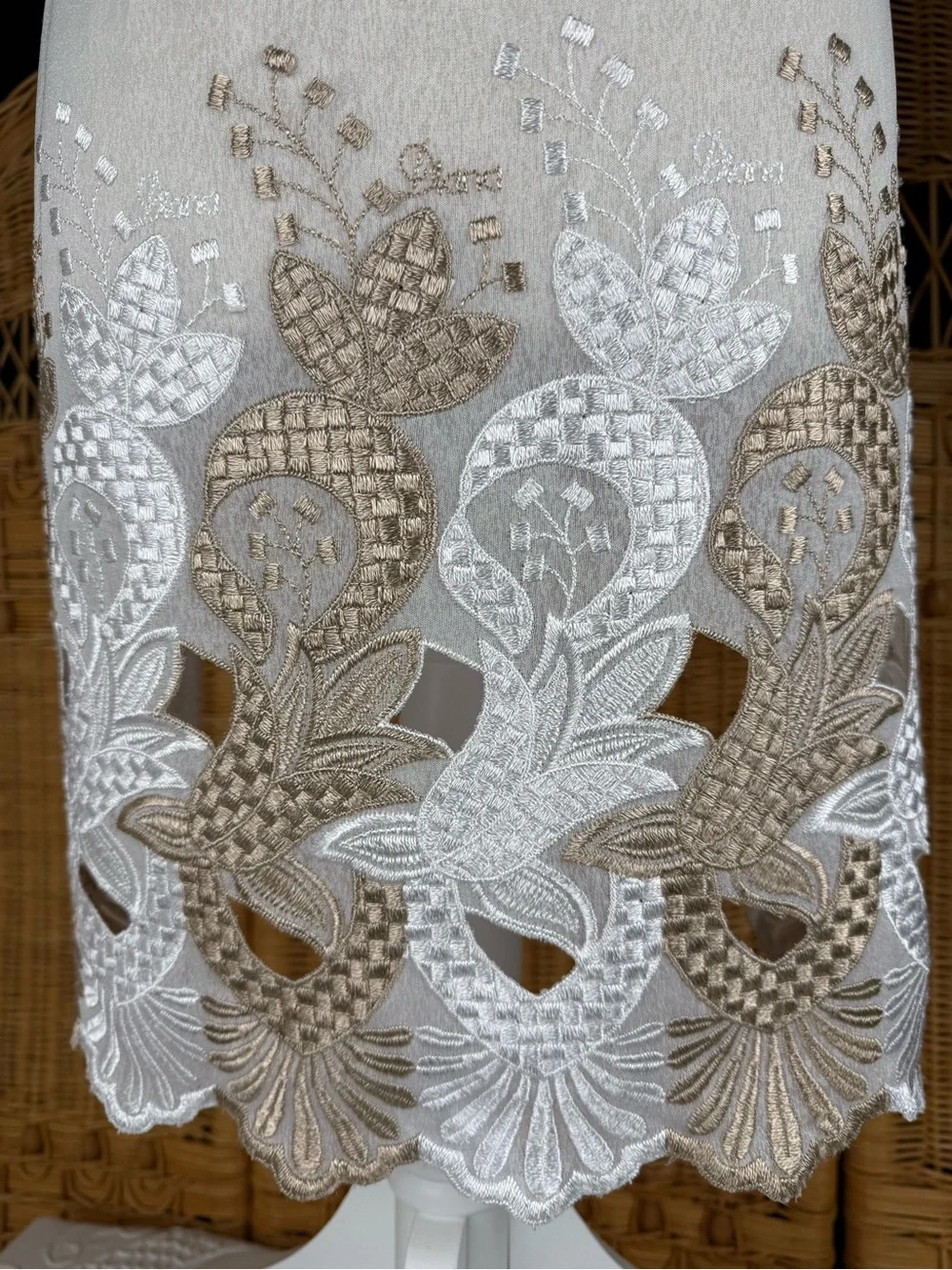 Elegant White & Champagne Embroidered Lace Tie-Waist Apron Skirt